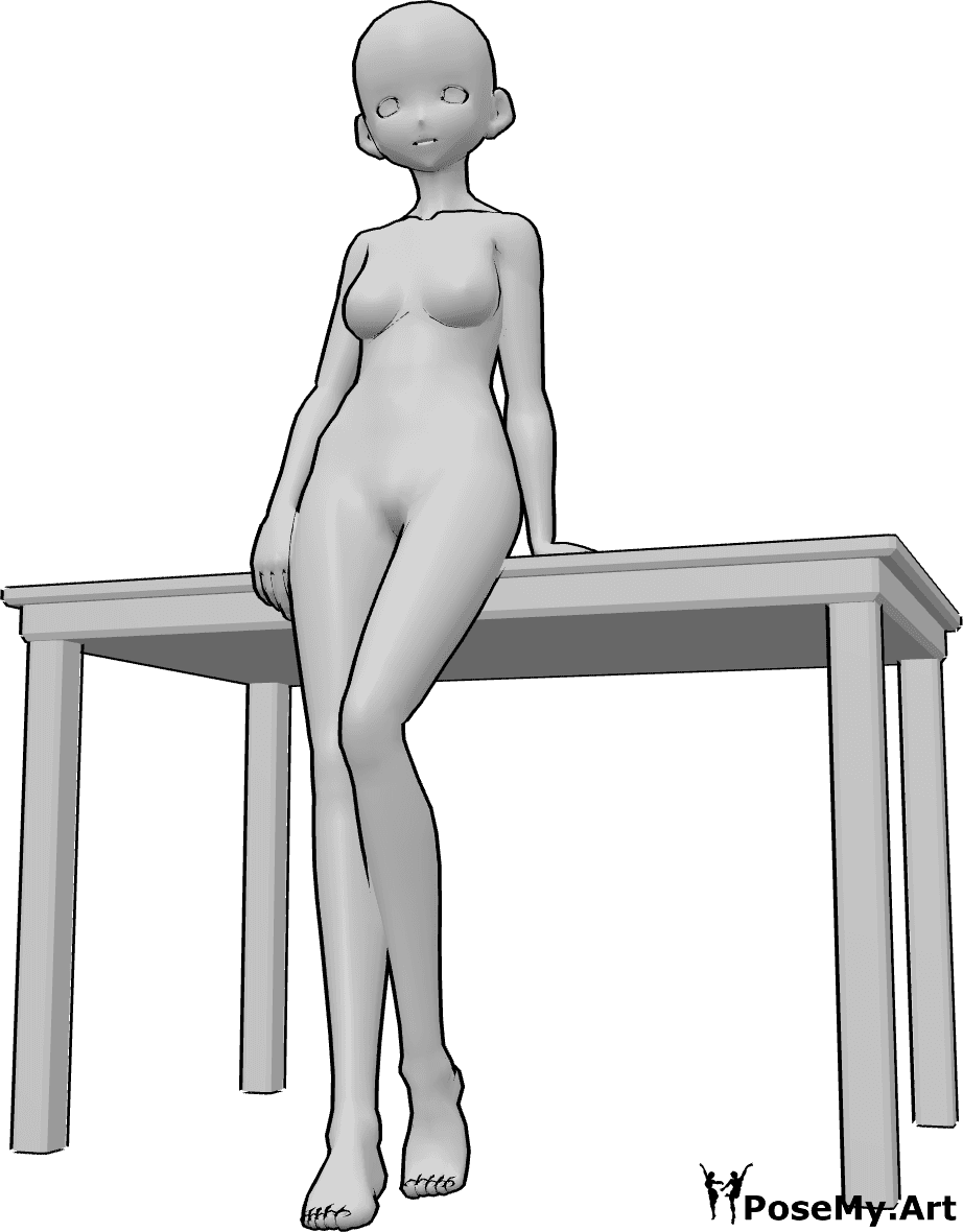 Referencia de poses- Postura de mesa de comedor inclinada - Anime femenino se apoya en la mesa de comedor, anime femenino inclinándose pose