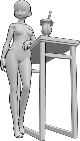 Referência de poses- Pose de mesa de bar inclinada - A mulher anime está apoiada na mesa do bar e olha para a direita