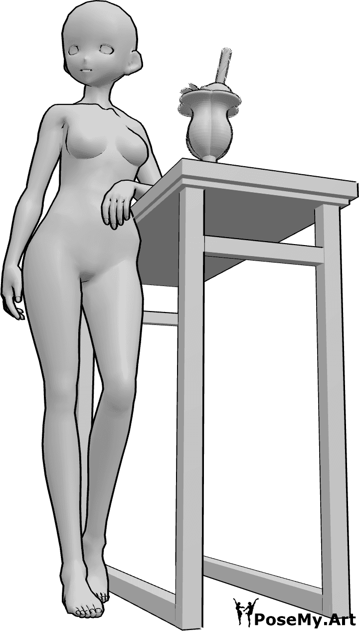 Référence des poses- Pose de la table de bar penchée - La femme animée est appuyée sur la table du bar et regarde vers la droite.