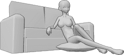 Referencia de poses- Postura de sofá inclinado - Mujer anime está sentada en la almohada y apoyada en el sofá, mirando a la izquierda