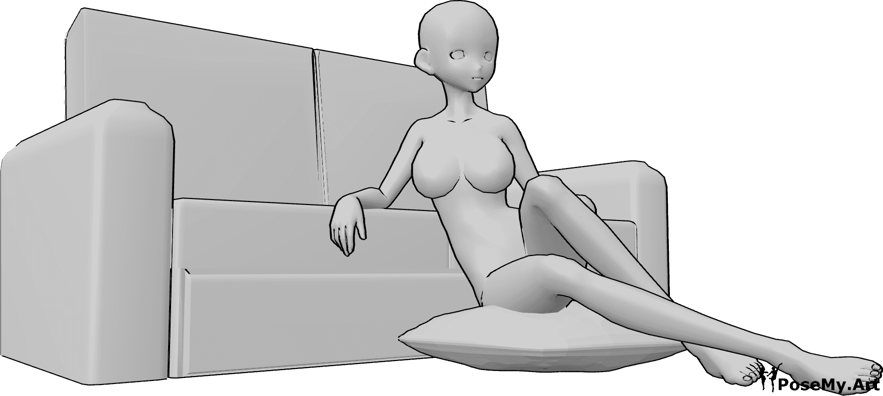 Referencia de poses- Postura de sofá inclinado - Mujer anime está sentada en la almohada y apoyada en el sofá, mirando a la izquierda