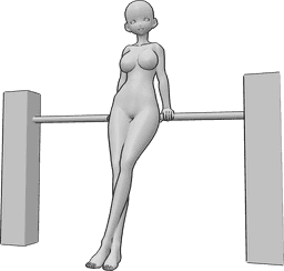 Referência de poses- Pose de corrimão inclinado - A mulher anime está apoiada no corrimão e cruza as pernas