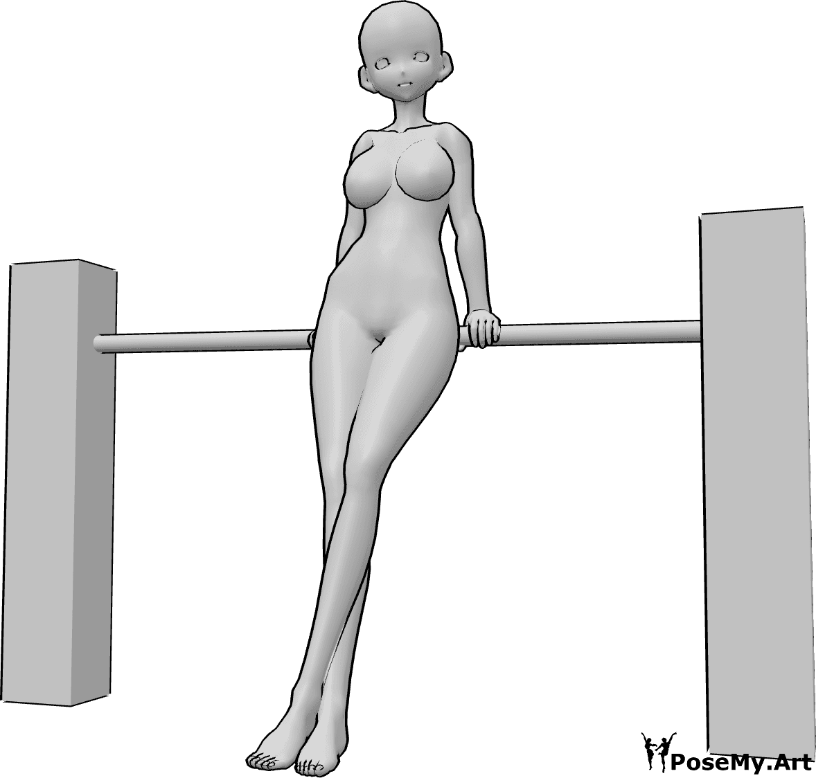 Référence des poses- Pose de la balustrade penchée - La femelle Anime s'appuie sur la rambarde et croise les jambes.