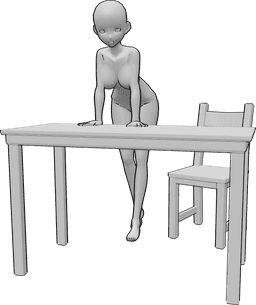 Pose Reference- Leaning table pose - Anime female is standing and leaning on the table with both hands
