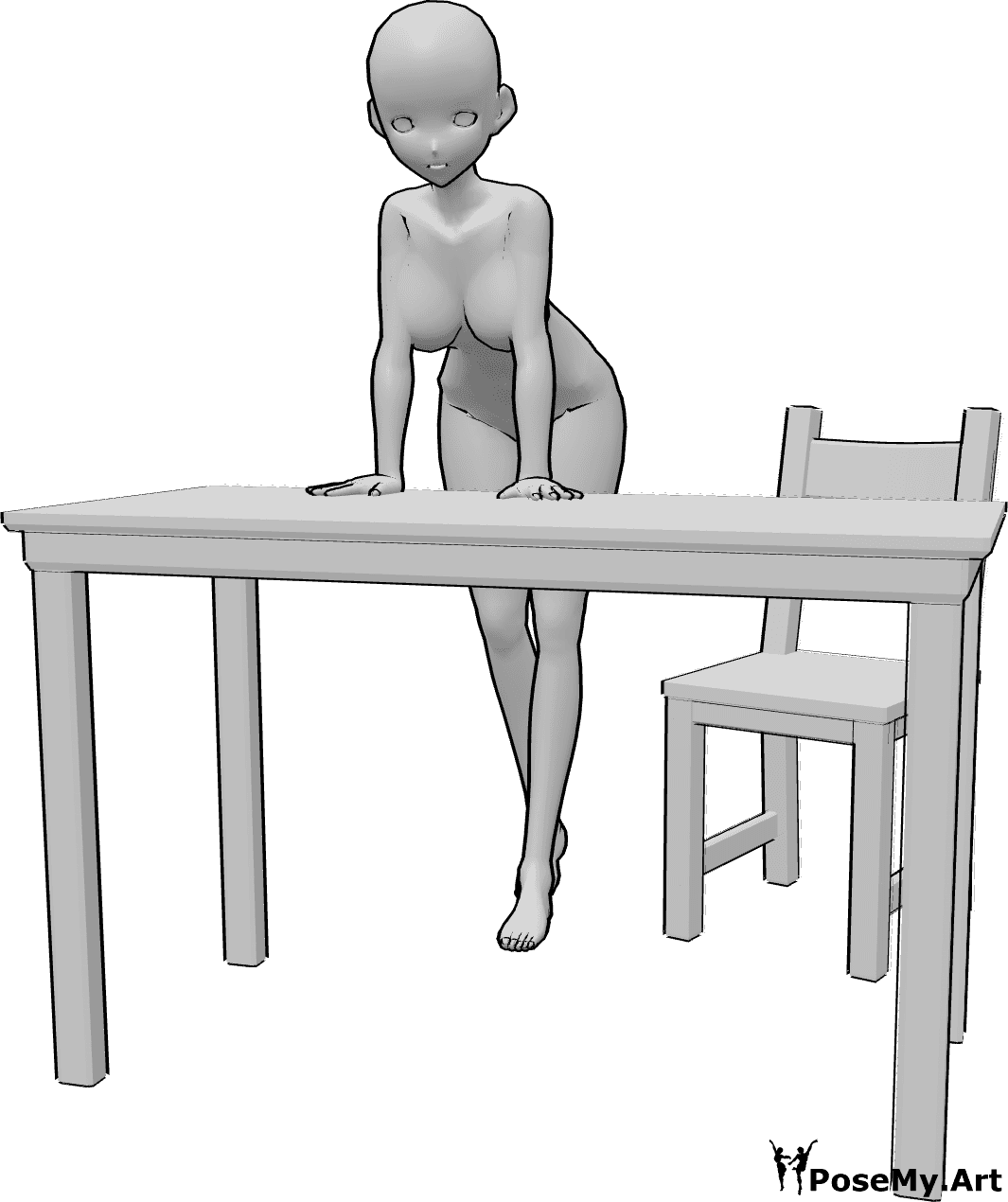 Référence des poses- Pose de la table penchée - La femme animée est debout et s'appuie sur la table avec ses deux mains.