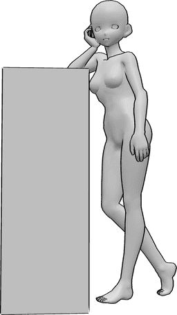 Référence des poses- Femme d'animation, pose penchée - L'homme est debout, il s'appuie sur quelque chose avec son coude et regarde vers la gauche.