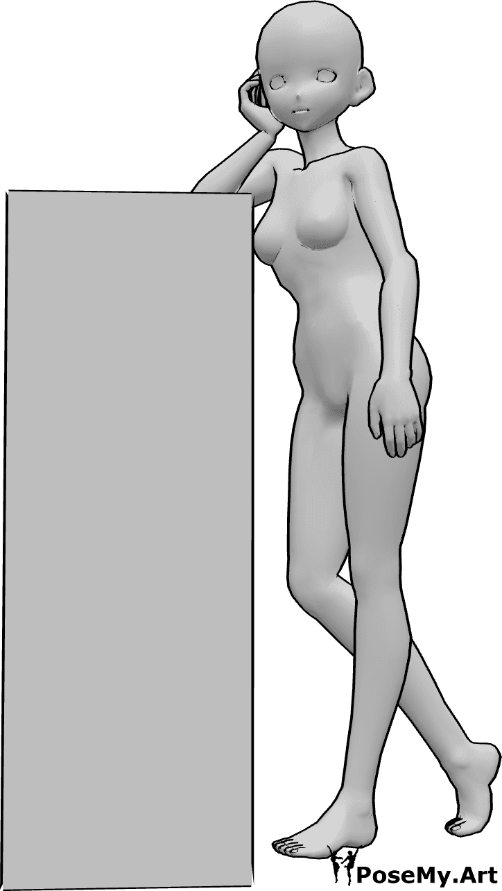 Référence des poses- Femme d'animation, pose penchée - L'homme est debout, il s'appuie sur quelque chose avec son coude et regarde vers la gauche.