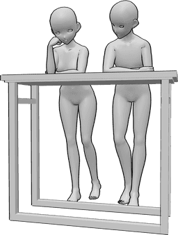 Référence des poses- Couple d'anime en position penchée - Une femme et un homme d'animation se tiennent debout et s'appuient sur la table du bar.