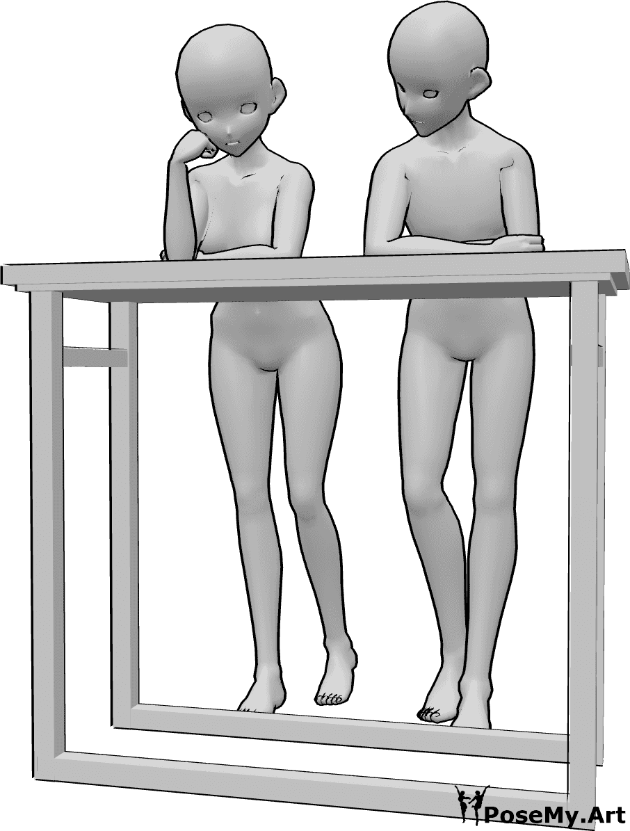 Pose Reference- Anime couple leaning pose - Anime female and male are standing and leaning on the bar table