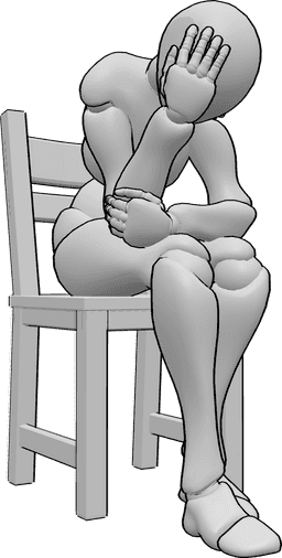Posen-Referenz- Stuhl traurig sitzende Pose - Frau sitzt traurig auf einem Stuhl, hält sich den Kopf und schaut nach unten