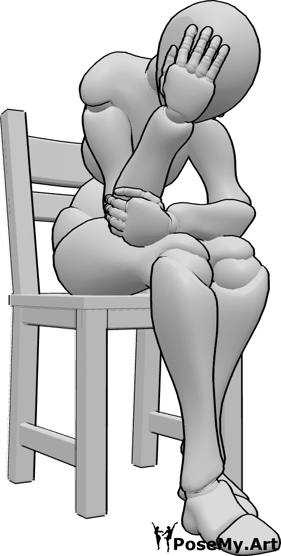 Referencia de poses- Silla postura sentada triste - Mujer sentada tristemente en una silla, sujetándose la cabeza y mirando hacia abajo.