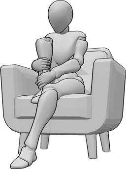 Référence des poses- Fauteuil assis triste - La femme est assise tristement dans le fauteuil, serrant sa jambe droite et regardant vers le bas.