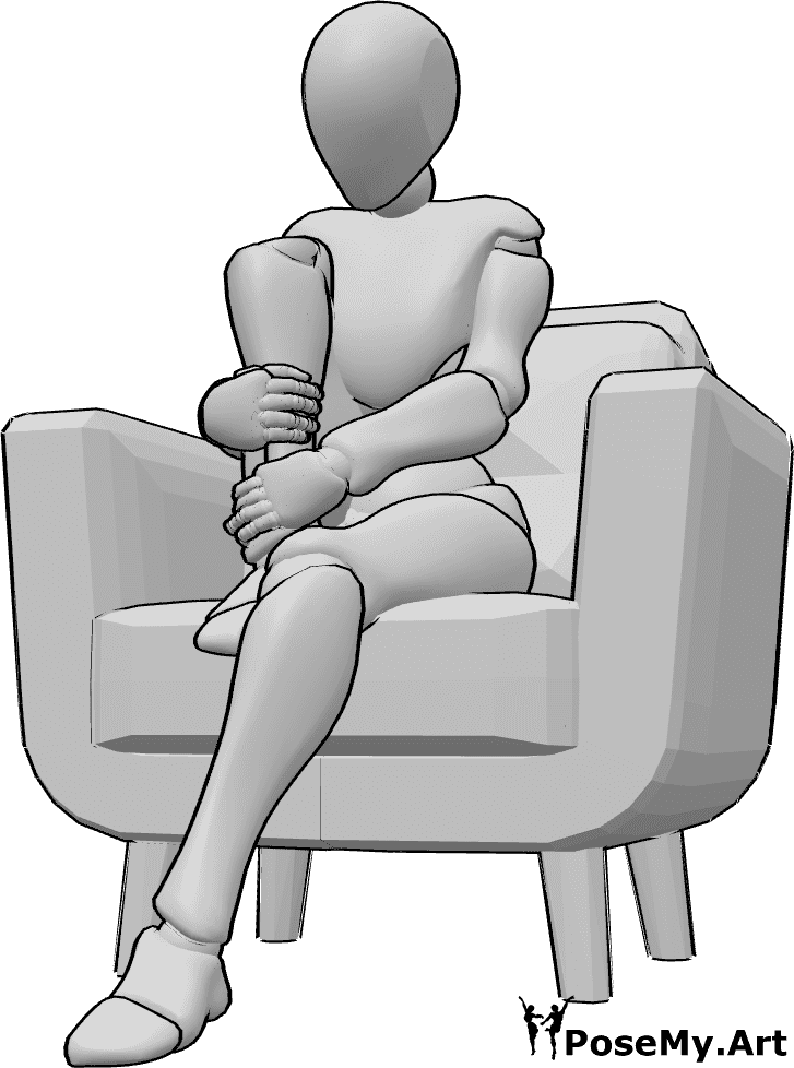 Pose Reference- Armchair sad sitting pose - Female is sitting sadly in the armchair, hugging her right leg and looking down