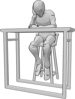 Référence des poses- Homme triste assis - L'homme est assis tristement sur un tabouret de bar, s'appuie sur la table du bar et se tient la tête.