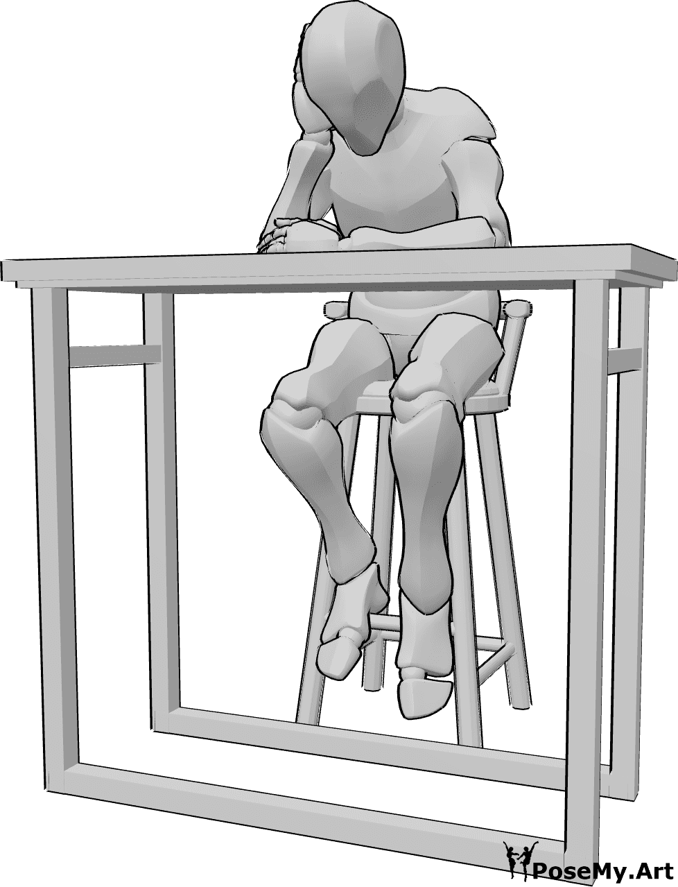 Referencia de poses- Hombre triste sentado - Varón sentado tristemente en un taburete de bar, apoyado en la mesa del bar y sujetándose la cabeza.