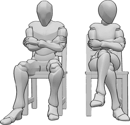 Posen-Referenz- Trauriges Paar in sitzender Pose - Ein weibliches und ein männliches Paar sitzen traurig nebeneinander, verschränken ihre Arme und schauen nach unten