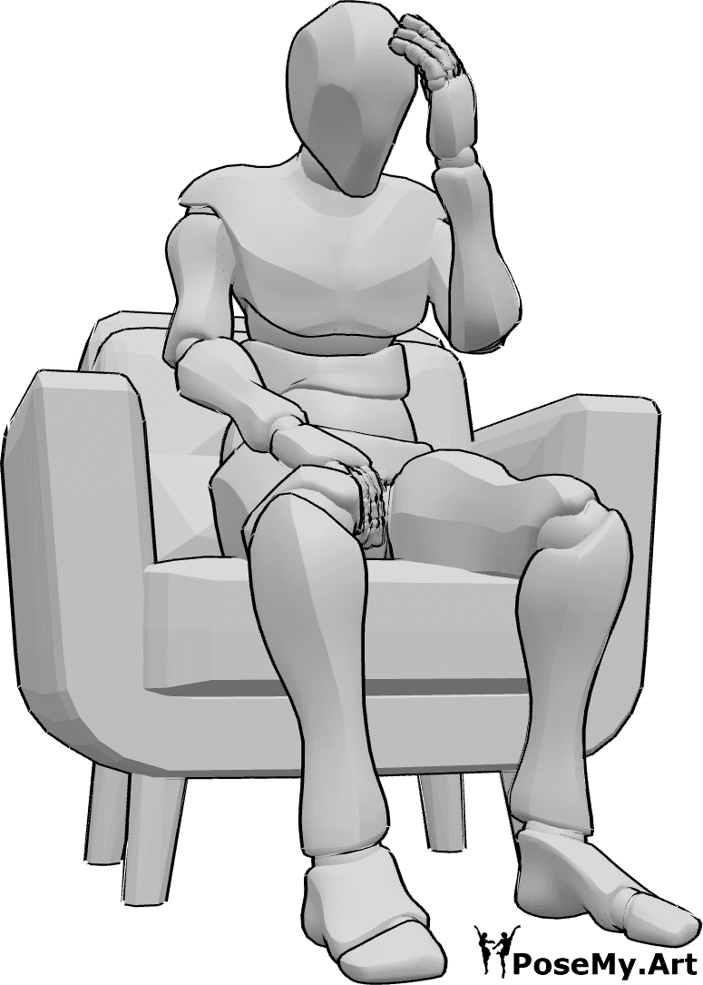 Pose Reference- Armchair sad sitting pose - Male is sitting sadly in the armchair and holding his head, looking down