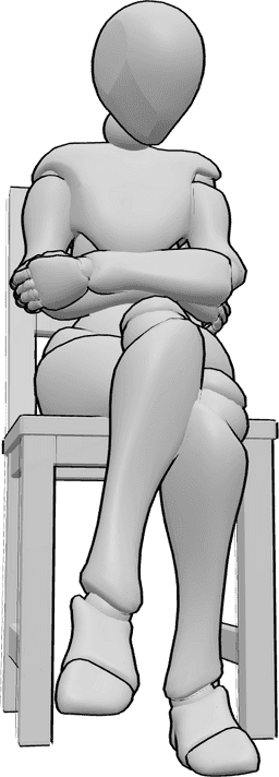 Referencia de poses- Silla postura sentada triste - La mujer está sentada tristemente en la silla con las piernas cruzadas y mirando hacia abajo.