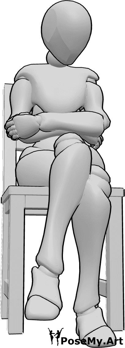 Referencia de poses- Silla postura sentada triste - La mujer está sentada tristemente en la silla con las piernas cruzadas y mirando hacia abajo.