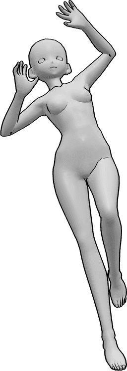 Posen-Referenz- Anime ängstlich springende Pose - Anime-Frau erschrickt vor etwas und springt, hebt ihre Hände