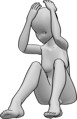 Posen-Referenz- Anime ängstlich sitzende Pose - Anime-Frau hat Angst vor etwas, sitzt auf dem Boden und bedeckt ihren Kopf mit beiden Händen
