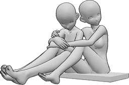 Posen-Referenz- Anime verängstigt umarmen Pose - Anime-Weibchen haben Angst vor etwas, sie sitzen und umarmen sich