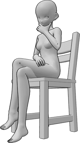 Référence des poses- Anime assis en train de réfléchir - Une femme animée est assise sur une chaise, les jambes croisées, et réfléchit.