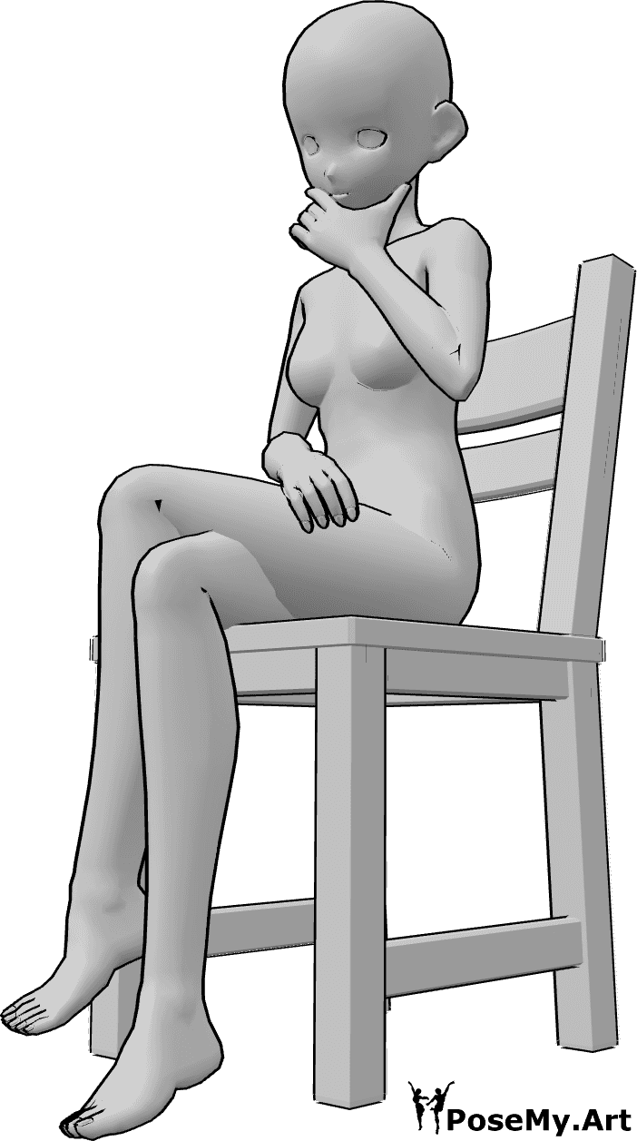 Pose Reference- Anime sitting thinking pose - Anime female is sitting on the chair with her legs crossed and thinking