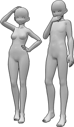 Referencia de poses- Postura anime de pensamiento profundo - Anime femenino y masculino están de pie, mirando algo y pensando