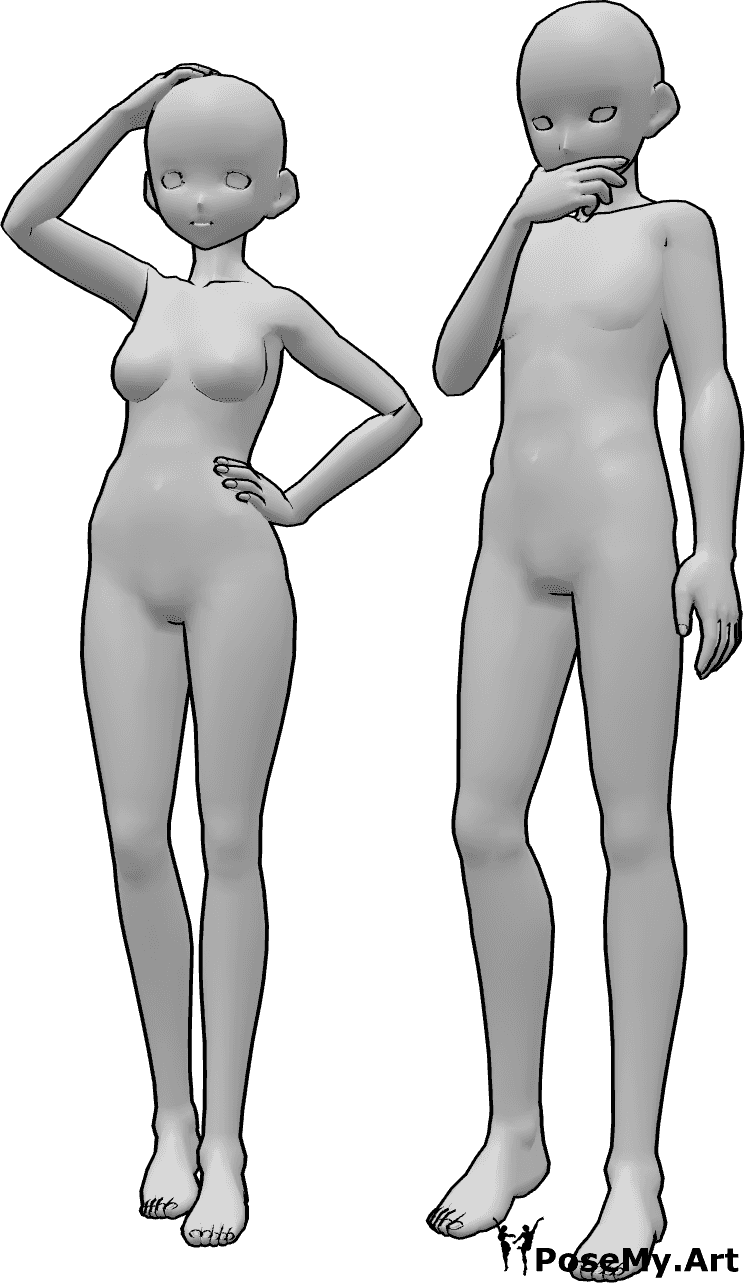 Pose Reference- Anime deep thinking pose - Anime female and male are standing, looking at something and thinking