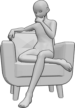 Référence des poses- Homme assis en train de réfléchir - L'homme animé est assis dans le fauteuil, les jambes croisées et réfléchit.
