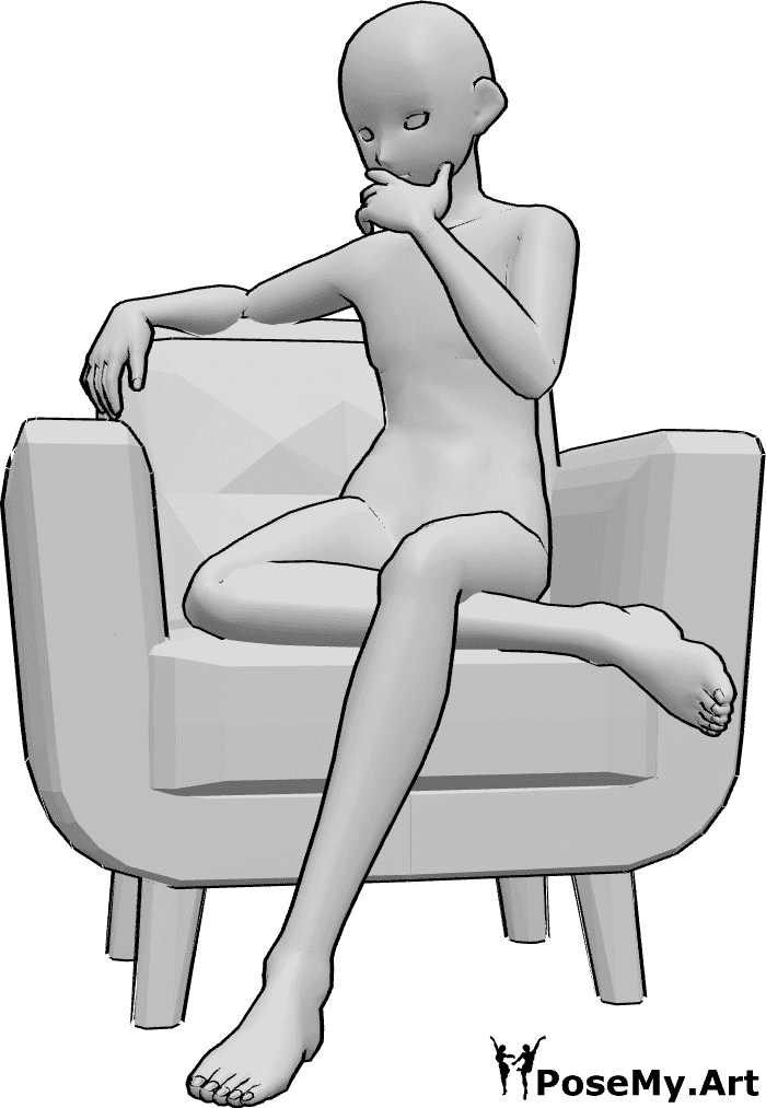 Pose Reference- Male sitting thinking pose - Anime male is sitting in the armchair with his legs crossed and thinking