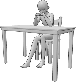 Referencia de poses- Anime masculino pensando pose - Anime masculino está sentado en la silla de la mesa y profundamente pensando en algo