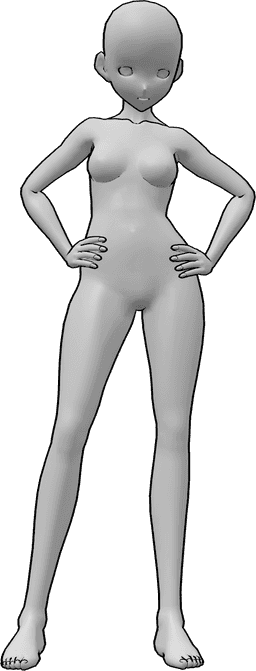 Posen-Referenz- Stehende, nach unten blickende Pose - Anime-Frau steht mit den Händen in den Hüften und schaut nach unten