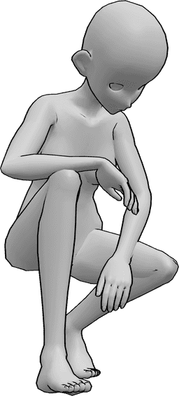 Référence des poses- Anime femme accroupie - La femme animée est accroupie et regarde vers le bas, à la recherche de quelque chose ou en train de réfléchir.