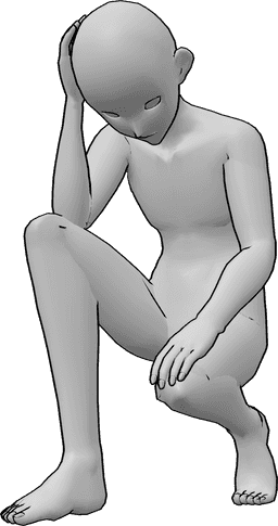 Riferimento alle pose- Anime maschio in posa accovacciata - L'anonimo è accovacciato e guarda in basso, tenendosi la testa con la mano destra.
