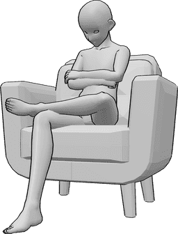 Posen-Referenz- Anime männlich sitzende Pose - Anime-Männchen sitzt mit gekreuzten Beinen im Sessel und schaut nach unten