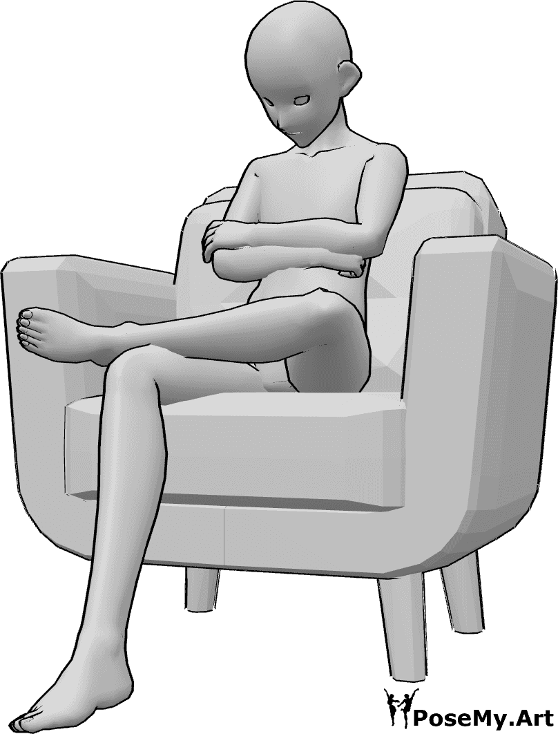 Pose Reference- Anime male sitting pose - Anime male is sitting in the armchair with his legs crossed and looking down