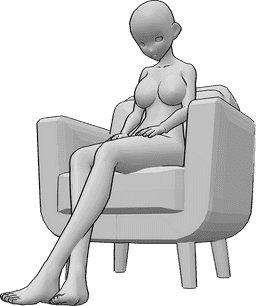 Referência de poses- Pose de mulher sentada de anime - A mulher anime está sentada no cadeirão e olha para baixo em pose
