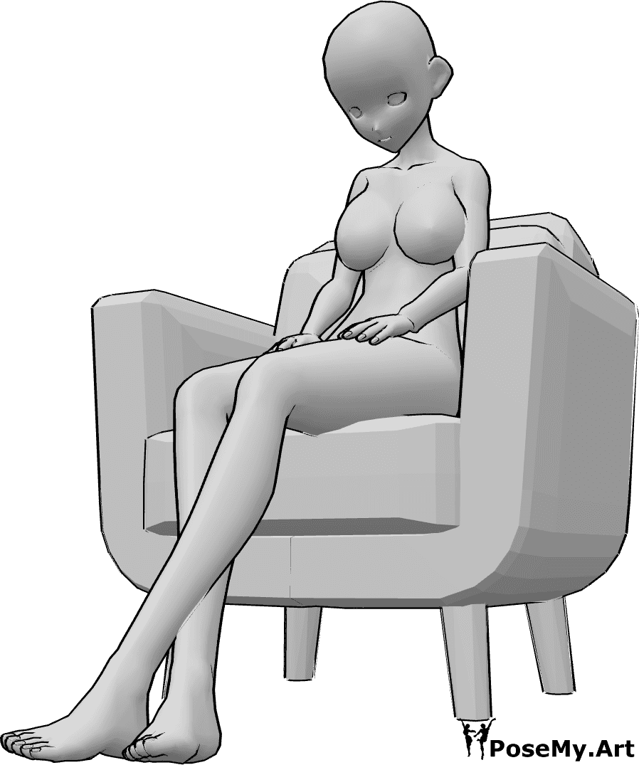 Referencia de poses- Mujer anime sentada - Mujer anime está sentada en el sillón y mirando hacia abajo pose