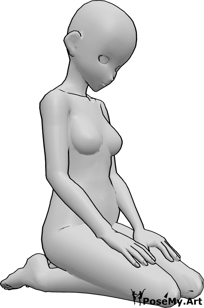 Pose Reference- Sitting looking down pose - Anime female is sitting, kneeling and looking down