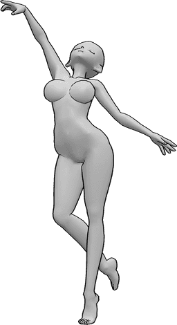 Posen-Referenz- Tanzende Pose mit Blick nach oben - Anime-Frau tanzt, hebt ihre Hände und schaut nach oben