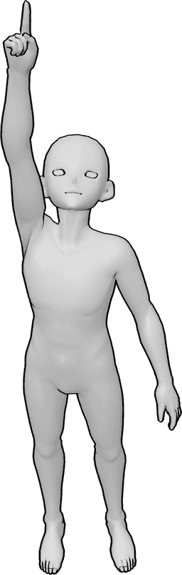 Posen-Referenz- Aufwärts gerichtete Pose - Anime-Männchen zeigt mit seiner rechten Hand nach oben und schaut nach oben