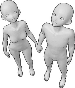 Posen-Referenz- Pärchen mit Blick nach oben Pose - Ein weibliches und ein männliches Anime-Paar schauen auf und halten sich an den Händen