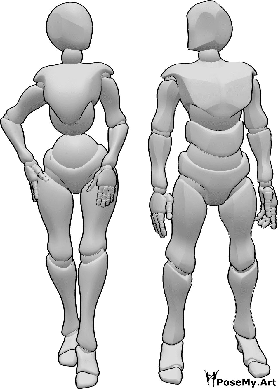 Referência de poses- Pose de pé de homem feminino - A mulher e o homem estão ao lado um do outro em pose