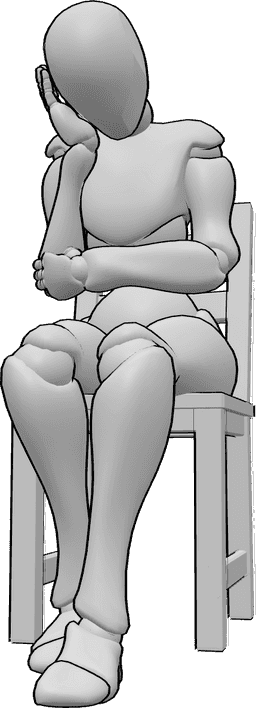 Posen-Referenz- Müde sitzende Pose - Die Frau sitzt auf dem Stuhl und hält sich den Kopf, sie ist müde und schläft halb.