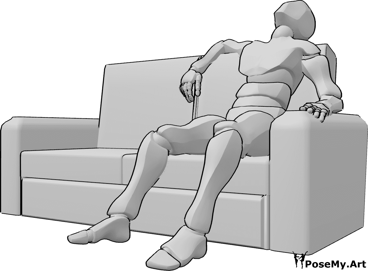 Referência de poses- Homem cansado em pose sentada - Homem cansado, a descansar, sentado confortavelmente no sofá, pose de homem cansado