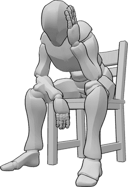 Referencia de poses- Postura sentada masculina - El hombre está sentado en la silla y se sujeta la cabeza, medio dormido.
