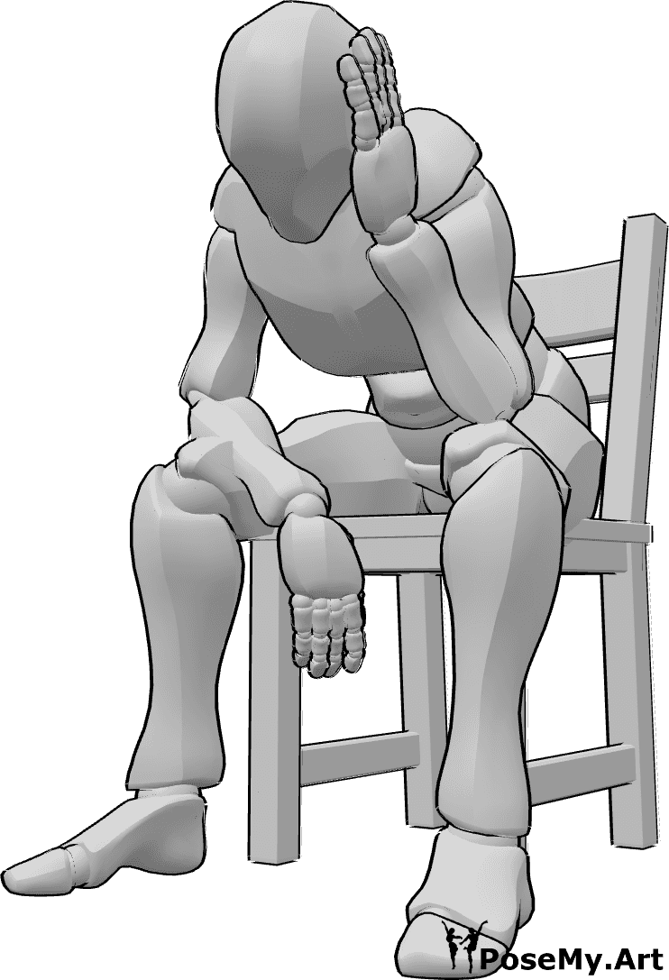 Pose Reference- Male sitting pose - Male is sitting on the chair and holding his head, half asleep