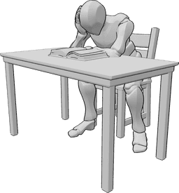 Posen-Referenz- Männliche müde Lesepose - Mann sitzt am Tisch und liest, hält sich den Kopf, müde und halb schlafend